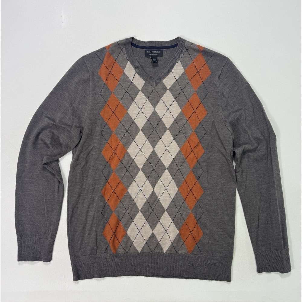 Banana Republic Men's Large 100% Merino Wool Sweater Brown Orange Argyle V-Neck